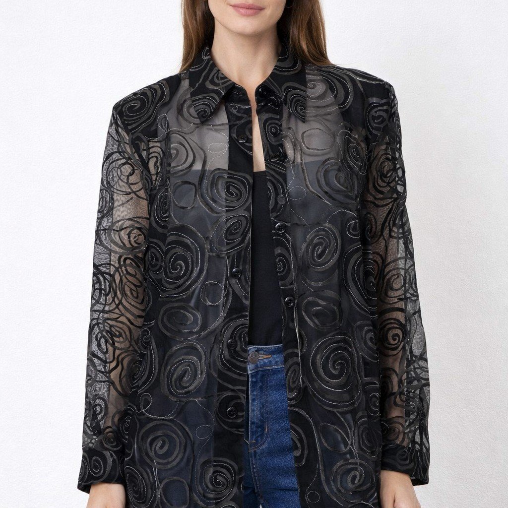 Vintage Diane Gilman Sheer Silk Swirl Blouse Size M Black Silver Y2k Whimsical